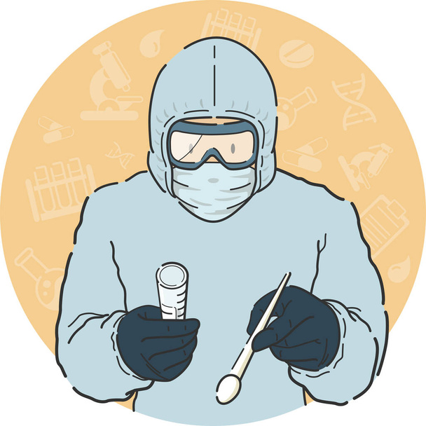 Медичний працівник, приймаючи пробний зразок на передньому плані, носить особисті захисні костюмні маски рукавички для маски для здоров'я парамедичного лікаря
 - Вектор, зображення