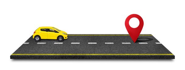 Sarı model araba oyuncakları ve asfalt düz yol şeritlerindeki kırmızı kontrol noktası beyaz arka planda izole çizgiler. - Fotoğraf, Görsel