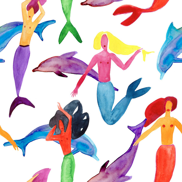 Set of mermaids and colourful dolphins, pattern - Photo, Image