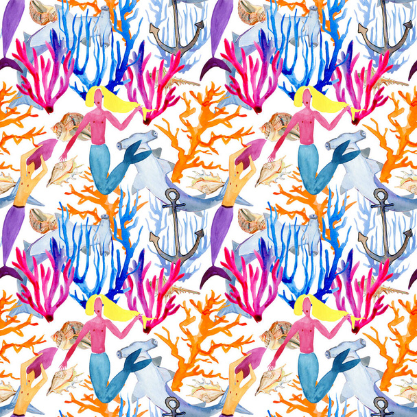 Conjunto de sereias, corais coloridos, tubarões, conchas e âncoras - padrão
 - Foto, Imagem