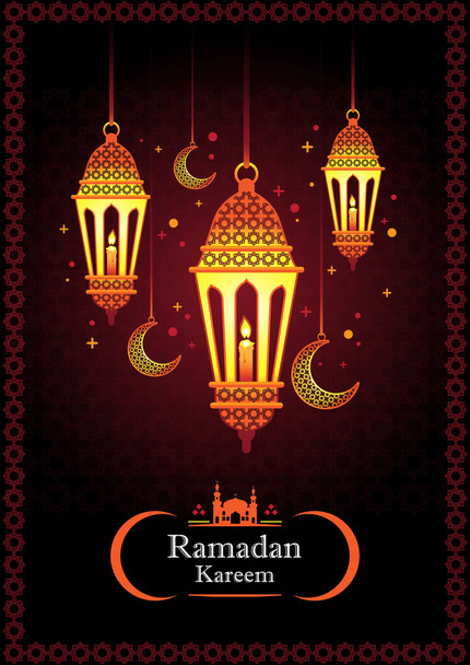 Ramadan kareem z arabską tradycyjną latarnią i islamskim ozdobnym kolorowym detalem mozaiki na islamskie powitanie. - Wektor, obraz