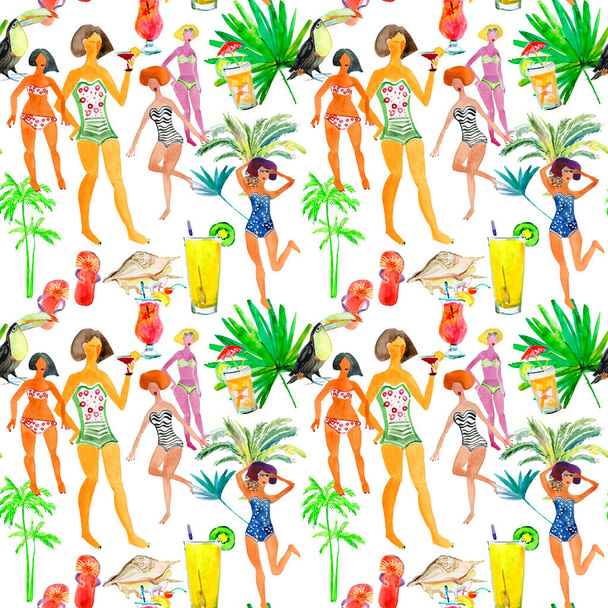 Seamless summer pattern with women in swimsuits with palms and cocktails - Photo, Image