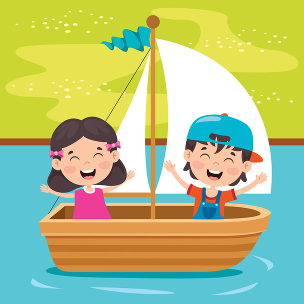 Lindos niños pequeños en barco
 - Vector, imagen