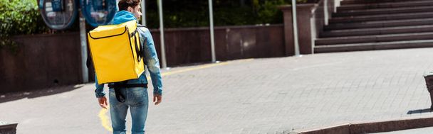 Cosecha panorámica de repartidor hombre con mochila termo caminando por calle urbana
 - Foto, Imagen