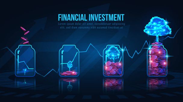 Münzen in transparente Flasche in futuristischem Design Vektor Illustration, geeignet für Finanz- oder Kryptowährungsinvestitionen - Vektor, Bild