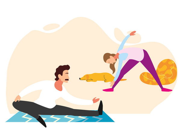 couple doing stretching and strength exercises in living room - Vector, Image