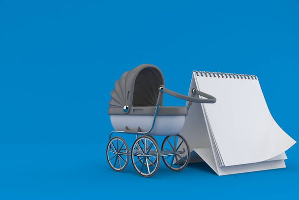 Cochecito de bebé con calendario en blanco aislado sobre fondo azul. ilustración 3d
 - Foto, Imagen