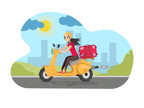 Donne felici Guida di uno scooter con valigia su sfondo stradale
 - Vettoriali, immagini