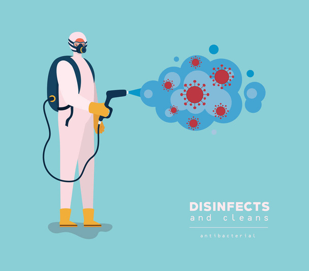 Man spraying covid 19 virus with protective suit vector design - Vector, Image