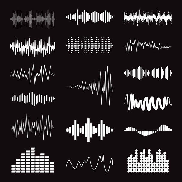 Μεγάλη συλλογή λευκό μουσικό κύμα σε μαύρο φόντο. Σύνολο απομονωμένων λογότυπων ήχου, pulse players, equalizer σύμβολα ήχου στοιχεία σχεδιασμού. Εικονογράφηση Jpeg - Φωτογραφία, εικόνα