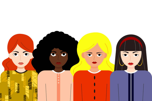 Four women of different nationalities and cultures standing together. Womens friendship, union of feminists or sisterhood. females empowerment movement. 8 march. - Vector, Image