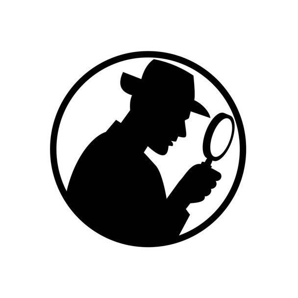 Retro-Schwarz-Weiß-Darstellung der Silhouette eines Detektivs, Privatdetektivs oder Privatdetektivs mit Lupe von einer Seite betrachtet, die auf isoliertem Hintergrund im Kreis steht. - Vektor, Bild
