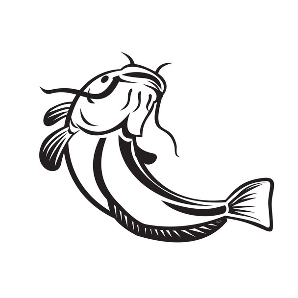 Ilustración de un bagre europeo, bagre de Wels o pez espada, un pez rayado con barbas prominentes, nadando o subiendo sobre un fondo blanco aislado hecho en estilo blanco y negro retro
. - Vector, Imagen