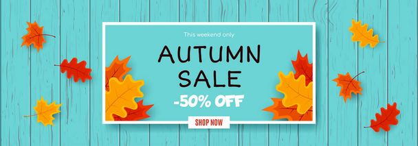 Autumn sale vector banner abstract background design with fall leaves, autumn typography and discount text. Vector illustration. - ベクター画像