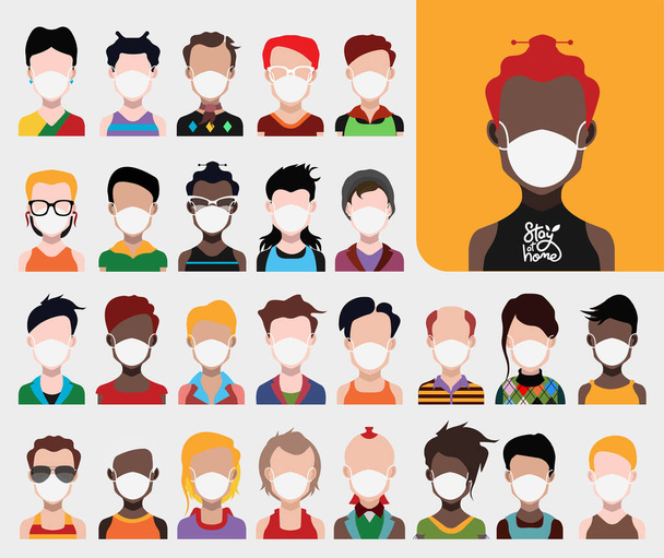People avatars in protective masks. Vector women, men avatar for quarantine time. - Photo, Image