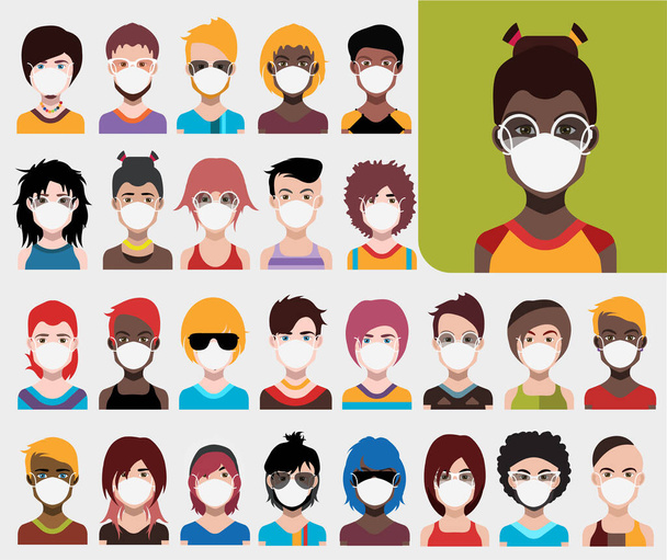La gente avatares con máscaras protectoras. Vector mujeres, hombres avatar para el tiempo de cuarentena
. - Foto, Imagen