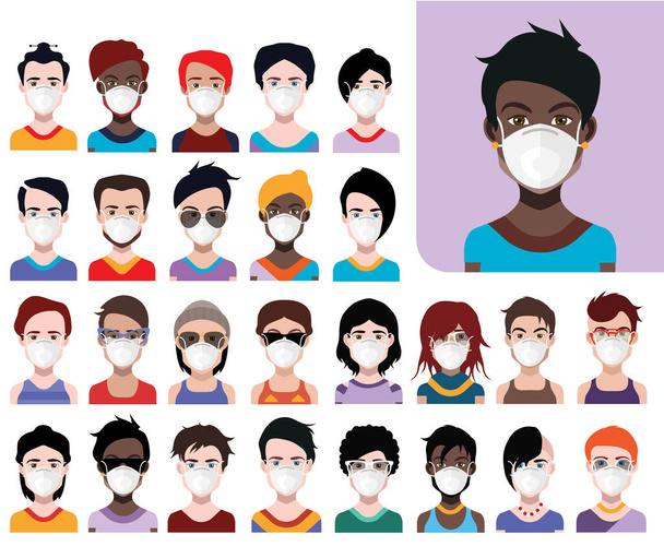 People avatars in protective masks. Vector women, men avatar for quarantine time. - Photo, Image