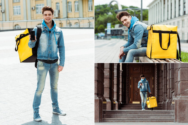 Collage of smiling courier with thermo backpack using smartphone and sitting on bench on urban street  - Фото, изображение