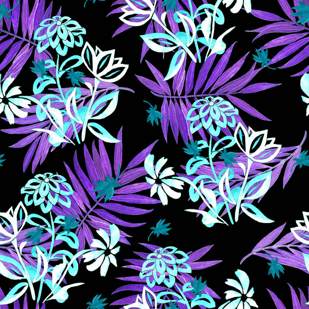 Watercolor seamless pattern with stylized contour flowers and palm leaves on black background. Summer botanical print. - Fotoğraf, Görsel