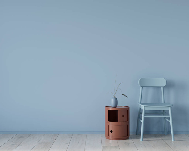 Stylisches Interieur in hellblau mit Stuhl und Terrakotta-Nachttisch an der Wand / 3D-Illustration, 3D-Render - Foto, Bild