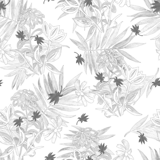 Mooi monochroom naadloos patroon met aquarel gestileerde contourbloemen en palmbladeren. Botanische zomerprint. - Foto, afbeelding