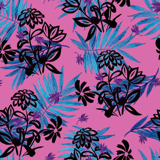 Beautiful watercolor seamless pattern with stylized contour flowers and palm leaves. Summer botanical background. For any kind of a design. - Photo, image