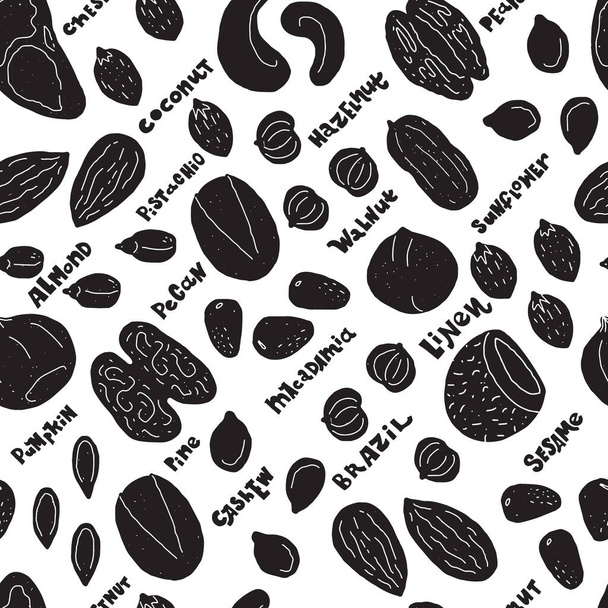 ナットと種のシームレスなパターン手描きベクトル要素から作られた背景。パッケージ、マーチその他の設計用の食品オブジェクトのセット. - ベクター画像
