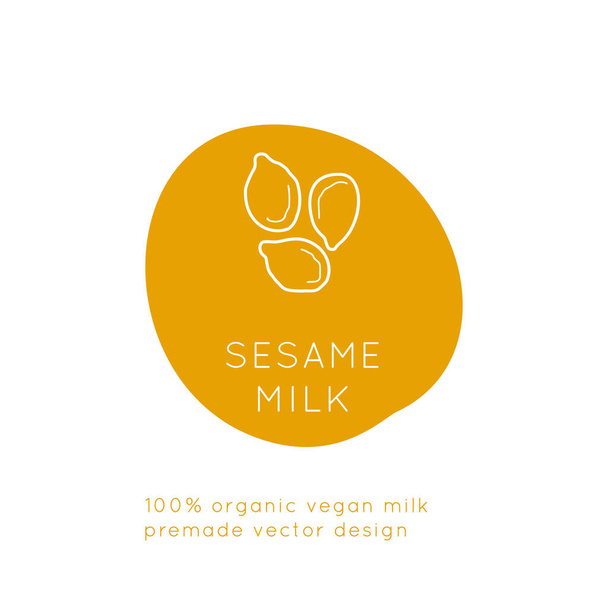 Susam Vegan Sütü ambalajlama Vektör logo tasarım şablonu. Doğrusal olarak bitki simgesi ile. Organik dükkan, sağlıklı gıda mağazası veya vejetaryen kafe için soyut amblem. - Vektör, Görsel