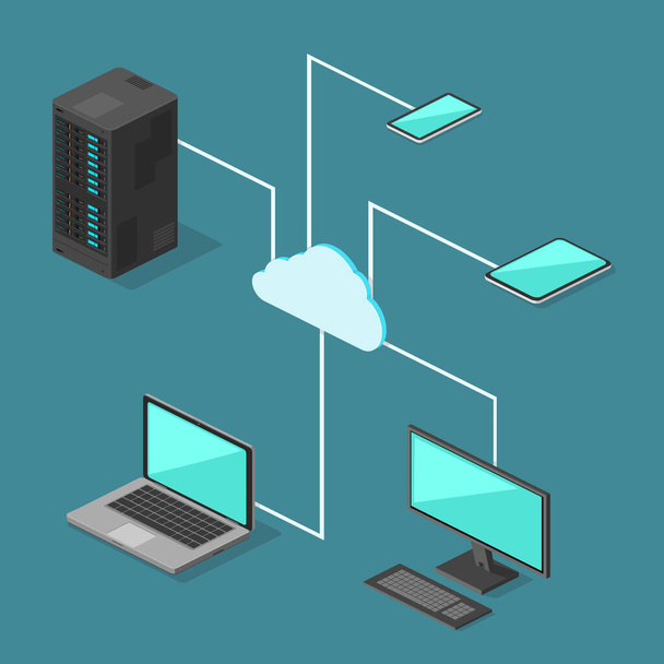 Flat Isometrinen Cloud Technology Computing Network vektori kuvake Moderni - Vektori, kuva