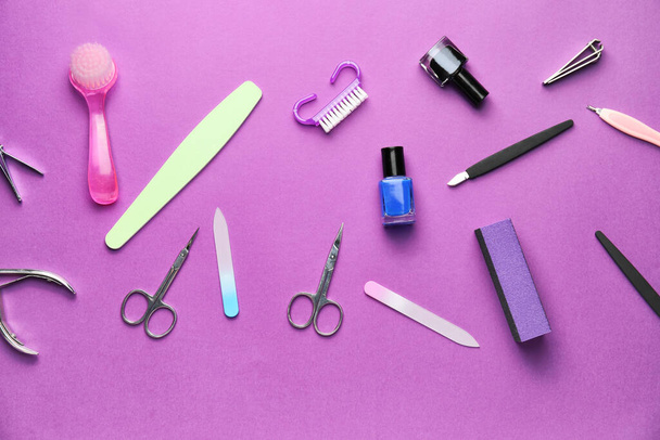 Supplies for manicure on color background - Photo, Image