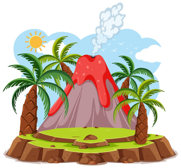 Извержение вулкана в стиле мультфильма на белом фоне
 - Вектор,изображение