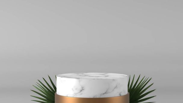 Minimal luxury white, gold Marble Cylinder cycle box podium και φύλλα σε λευκό φόντο. concept display stage platform showcase, προϊόν, πώληση, banner, παρουσίαση, καλλυντικά. 3D απόδοση - Φωτογραφία, εικόνα