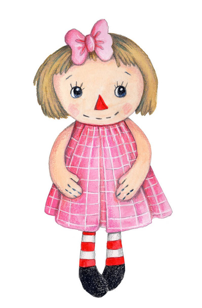 Roztomilá hadrová panenka. Raggedy Ann v růžových šatech. Akvarel ručně kreslené ilustrace roztomilé kreslené panenky. Izolováno na bílém. - Fotografie, Obrázek