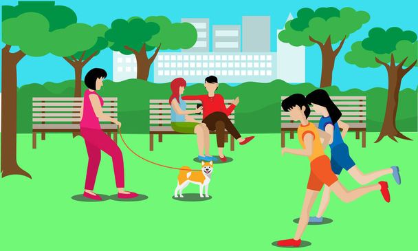 Ο κόσμος κάθεται και χαλαρώνει στο πάρκο. Οι γυναίκες πάνε τα σκυλιά βόλτα. Και οι νέοι τρέχουν για την υγεία σε διανυσματικές εικόνες των πάρκων της πόλης - Διάνυσμα, εικόνα