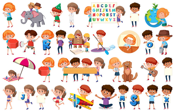 Gran conjunto de niños que realizan diferentes actividades sobre fondo blanco ilustración - Vector, imagen