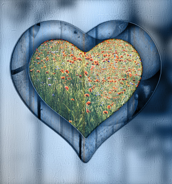 Heart frame border window wooden meadow - Photo, Image