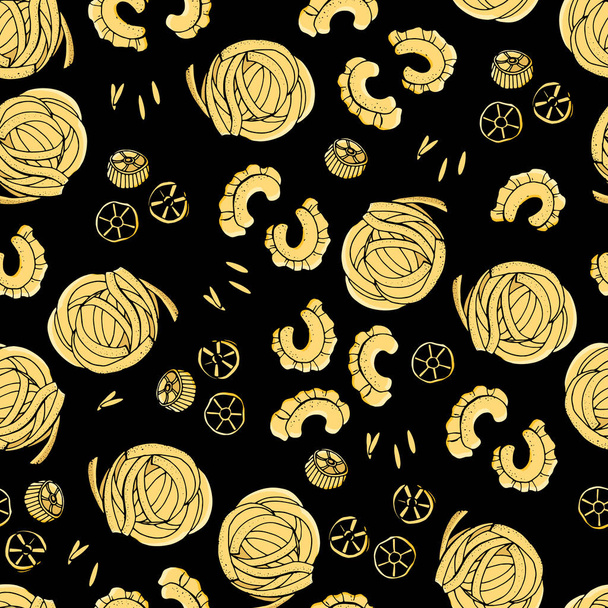 Seamless pattern with different types of dried pasta on black background. Design for wallpaper, fabric, textile, packaging, cafe, restaurant. - ベクター画像