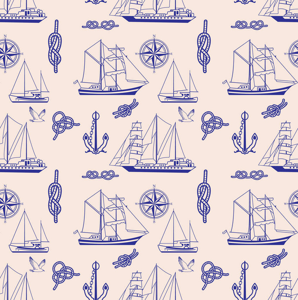 Seamless pattern of sailing ships, anchors and nautical knots. Vector graphics. - Vektori, kuva