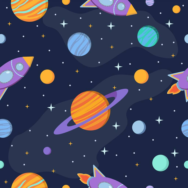  Vesmírný vzor s planetami, hvězdami a galaxií. Vektorová ilustrace pro textil, tkaniny, tapety. - Vektor, obrázek