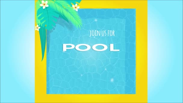 Havuz partisi davetiyesi animasyon 4K. Yüzme havuzu arka planında tropikal palmiye yaprakları, havuz şamandıraları, tropikal meyveler ve dondurma çubuğu, dalgalı su yüzeyi görüntüsü.. - Video, Çekim