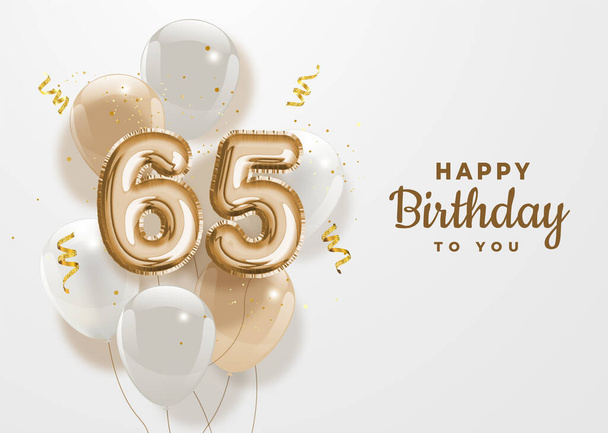 65. yaş günün kutlu olsun altın folyo balonu. 65 'inci yıl dönümü logo şablonu... 65. yıl kutlamaları konfetiyle yapılıyor. Vektör deposu. - Vektör, Görsel