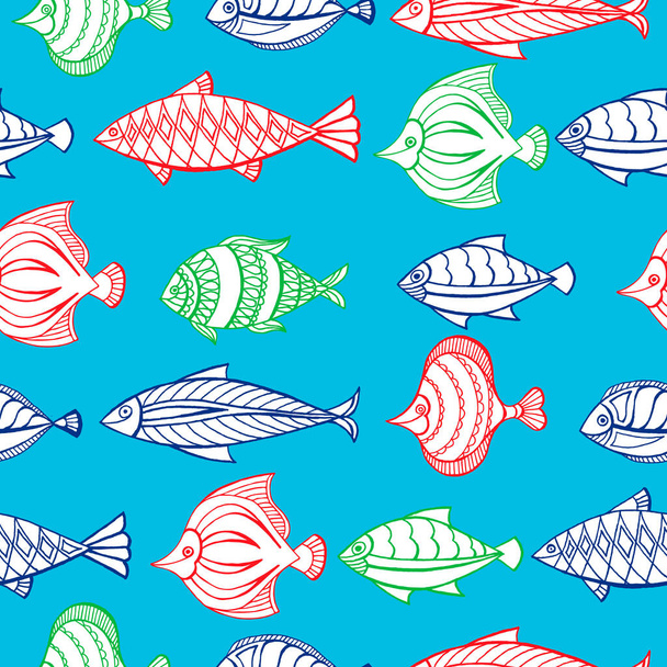 観賞魚のシームレスなパターン。ベクトルイラスト。挨拶、招待状、包装紙、織物、ウェブデザインに最適です。. - ベクター画像