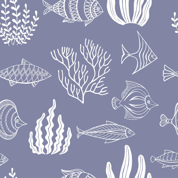 装飾魚や海藻のシームレスなパターン。ベクトルイラスト。挨拶、招待状、包装紙、織物、ウェブデザインに最適です。. - ベクター画像