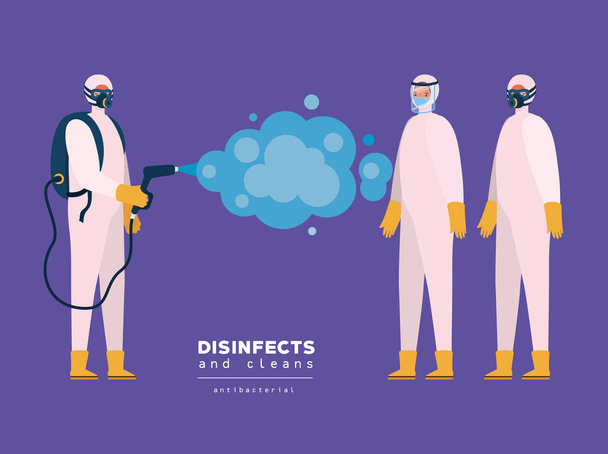 Men spraying with protective suits gloves and bottle vector design - Vector, Image