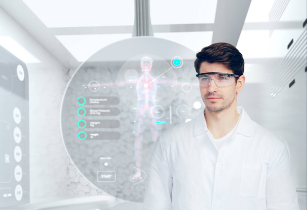 Young man scientist in futuristic laboratory investigating DNA genome and chromosome. Genetic biotech biochemistry experiments. Digital healthcare and medical data concept. 3d render background. - Photo, Image
