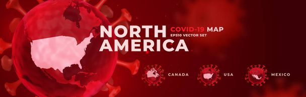 COVID-19 Banner de células 3d Coronavirus con los países de América del Norte mapa conjunto vector ilustración plantilla
 - Vector, Imagen