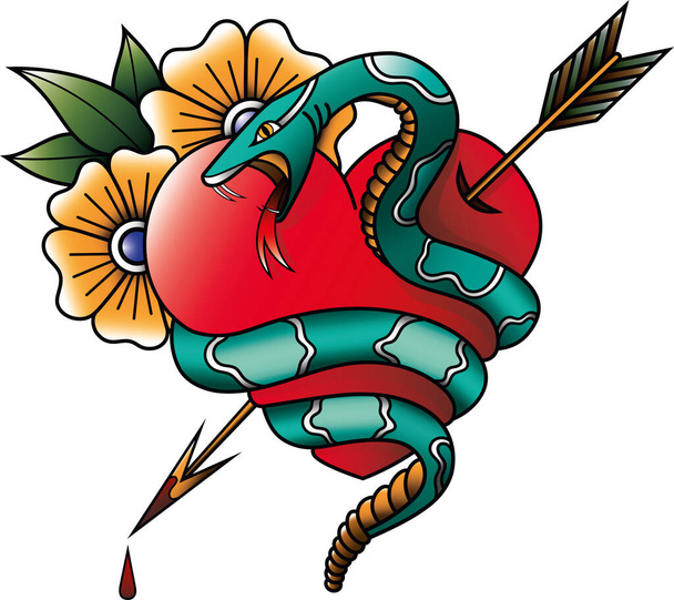 Egy csörgőkígyó, ami egy nyíllal átszúrt szívet vesz körül. Amerikai hagyományos tetoválás. Régimódi. Valentin-nap - Vektor, kép