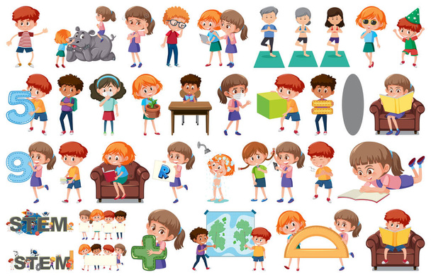 Grote set van kinderen die verschillende activiteiten op witte achtergrond illustratie - Vector, afbeelding