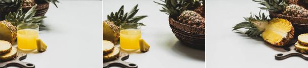 collage of fresh pineapple juice near cut delicious fruit on wooden cutting board on white background, panoramic orientation - Photo, Image