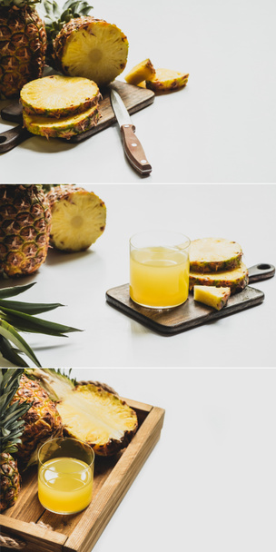 collage de jugo de piña fresca en vidrio cerca de fruta deliciosa cortada sobre tabla de cortar de madera y en bandeja sobre fondo blanco
 - Foto, Imagen